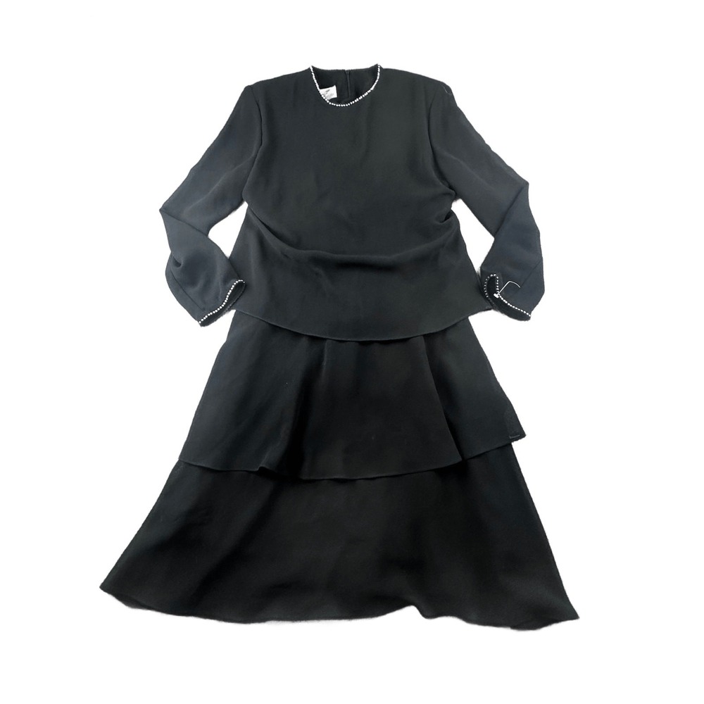 Vintage Caron Petite Dress Women 4 Black Peplum Tiered Midi Rhinestone USA Goth